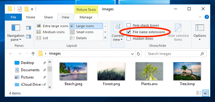 Windows 10 failinimelaiendite märkeruut