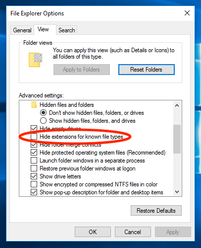 Windows 10 Peida teadaolevate failitüüpide laiendused