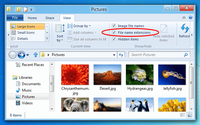 Windows 8 kuvab või peidab failinimelaiendeid